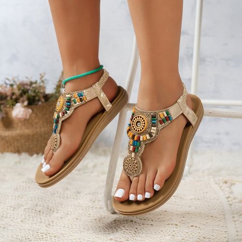 Women's New Arrival Retro Casual Roman Flat Sandals with Fashionable Beaded Ethnic-Style Thong Beach Shoes