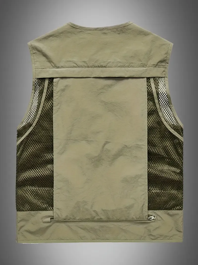 Men'S Casual Nylon Vest, Unisex Outdoor Fishing Photography Vest, V-Neck, Solid Color, Regular Length, Sleeveless, No Belt, Spring Season, Multiple Pockets, Zippered Front, Regular Fit, Woven Fabric