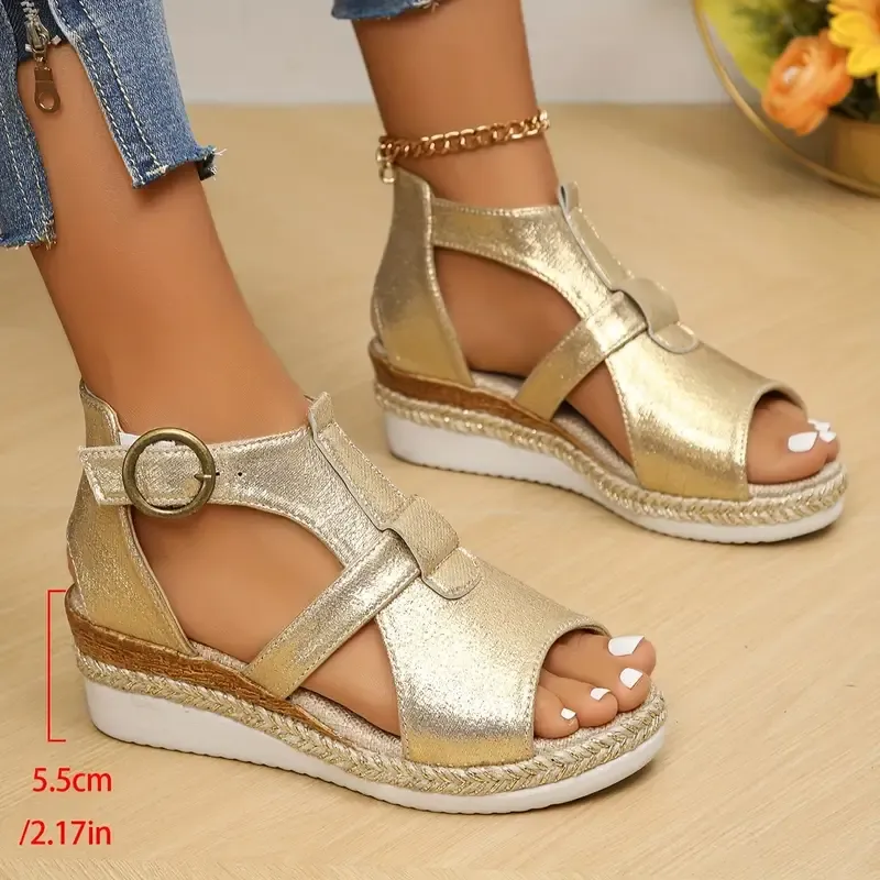 Women's Wedge Heeled Sandals, Casual Open Toe Platform Sandals, Comfortable Buckle Strap Sandals