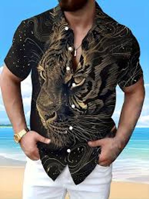 Men's 3D tiger and lion print shirt casual summer short sleeves,