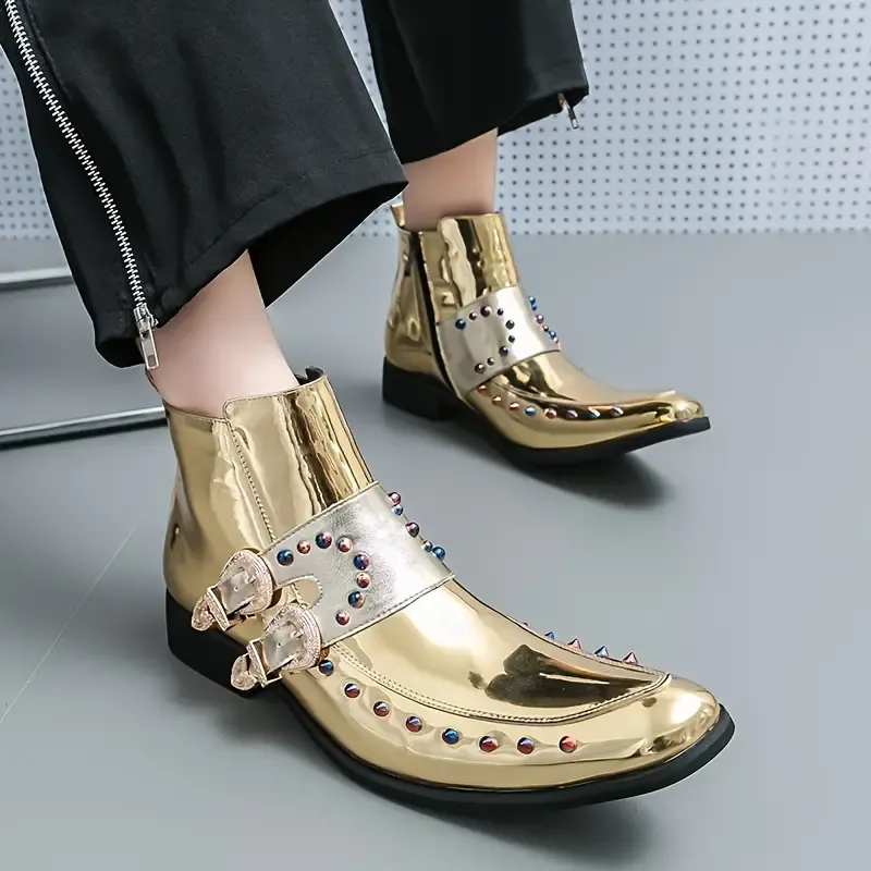 🔥🔥Hot Sale Promotion -Golden Chelsea Boots - Mid-Top, Fashionable Dress Shoes with Side Zipper for Men & Women, Durable Rubber Sole