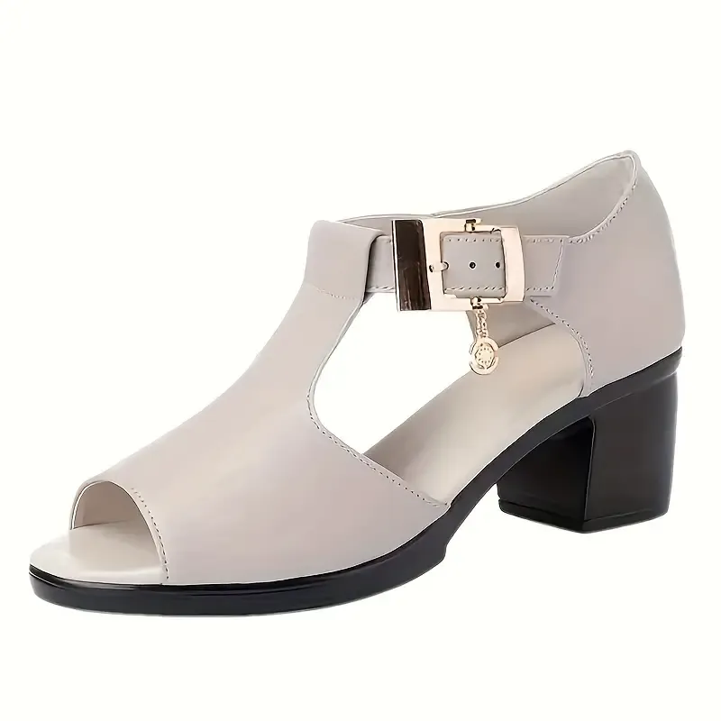 Women's Chunky Mid Heeled Sandals, Peep Toe Buckle Strap Outdoor Shoes, Versatile Summer Casual Sandals