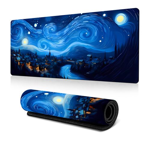 Starry Night Inspired Gaming Mouse Pad - Non-Slip Rubber Base, Precision Control, Water-resistant, Oblong - Artistic Desk Mat for Gamers and Professionals