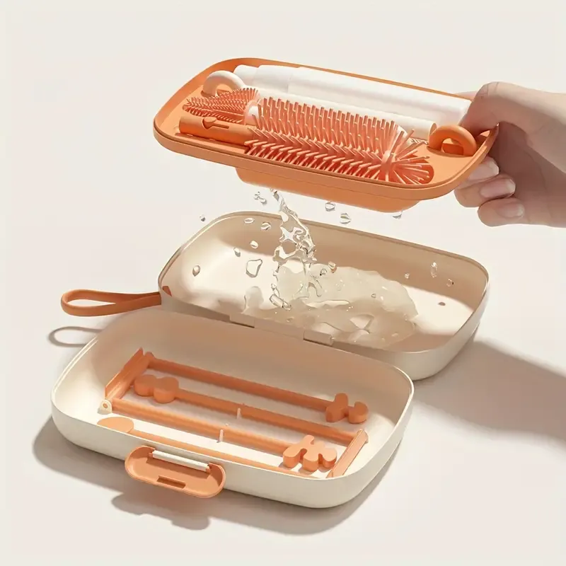 Silicone Bottle Brush And Pacifier Brush With Storage Box, Draining Rack, And Straw Brush, Home And Travel Use