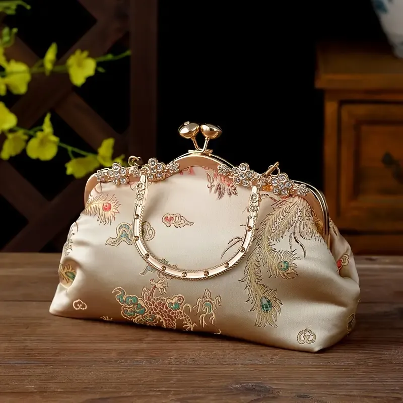 Vintage Embroidered Frame Bag, Retro Evening Clutch Purse, Women's Classic Banquet Handbag