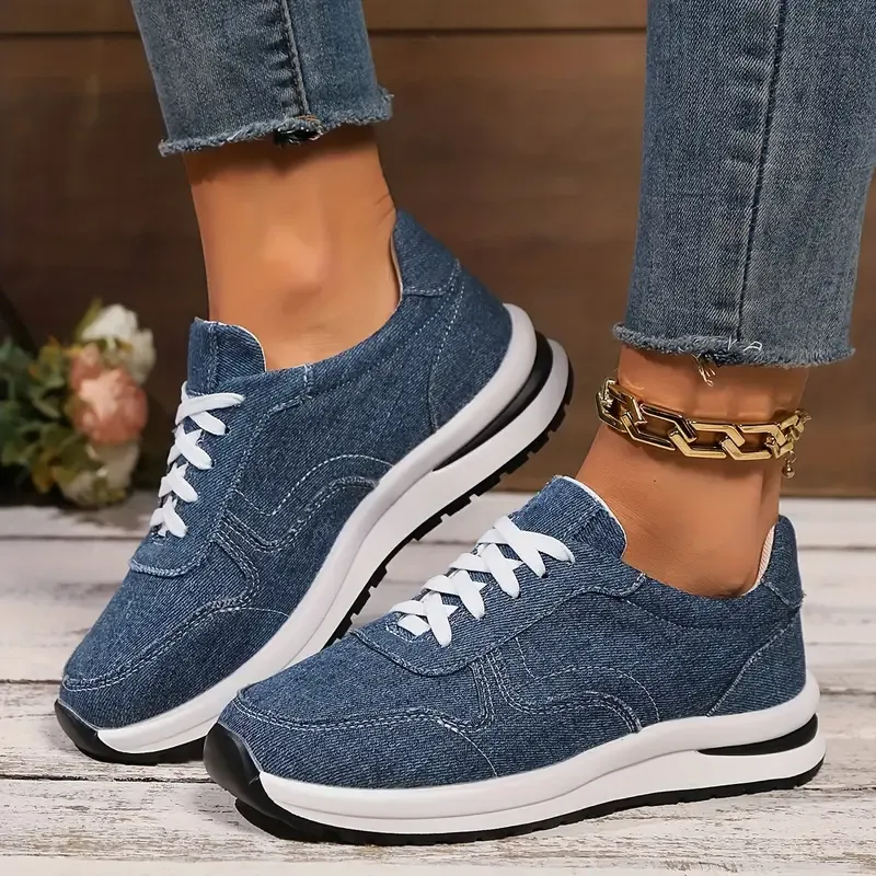 1 Pair Women'S Casual Lace-Up Sneakers, Denim Fabric Low-Top Walking Shoes with Rubber Sole, Breathable Linings, Versatile Solid Color Design for All Seasons
