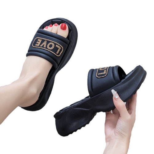 Women's Rhinestone Letter Decor Slide Sandals, Casual Open Toe Summer Shoes, Comfortable Slip On Sandals