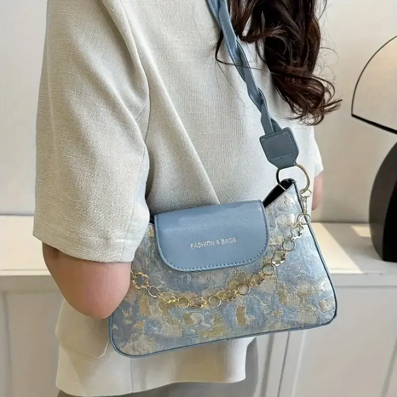 Oil Painting Shoulder Bag, Vintage Braided Strap Handbag, Flower Pattern Literary Underarm Purse For Women