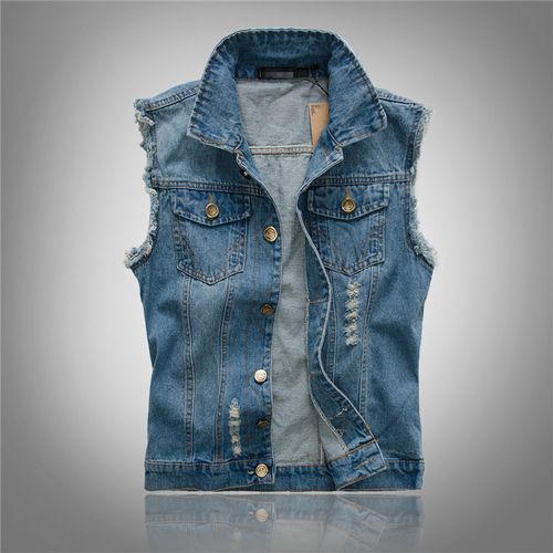 2025 Men's Denim Vest Foreign Trade Motorcycle Men's Light Color Vest Waistcoat Hole Vest