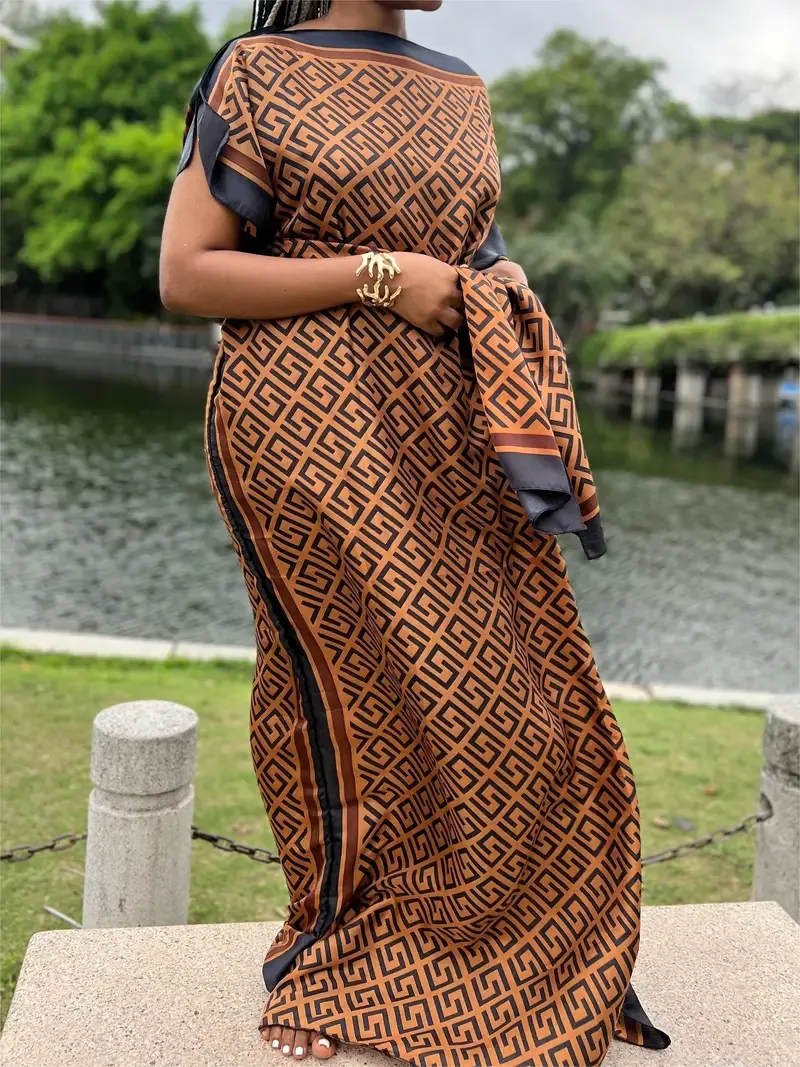Allover Print Boat Neck Maxi Dress, Elegant Batwing Sleeve Cover Up Dress With Hijab, Women's Clothing