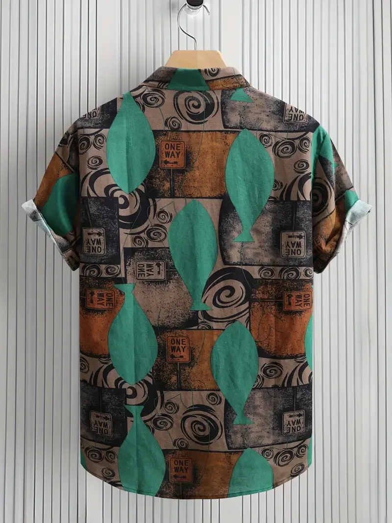 Men's Color Block Geometric Graphic Print Shirt, Casual Lapel Button Up Cotton Blend Short Sleeve Shirt For Summer Outdoor Activities