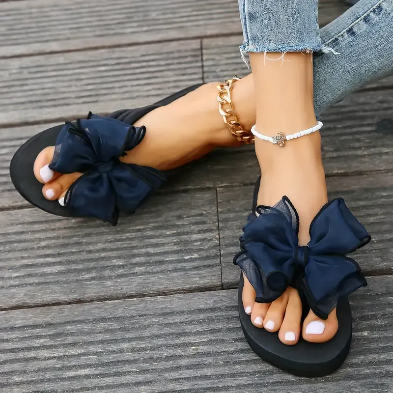 Women's Fashion Platform Flip-Flops With Bow Detail, Summer Trendy Non-Slip Indoor & Outdoor Elevated Beach Slides Vacation Travel Essential