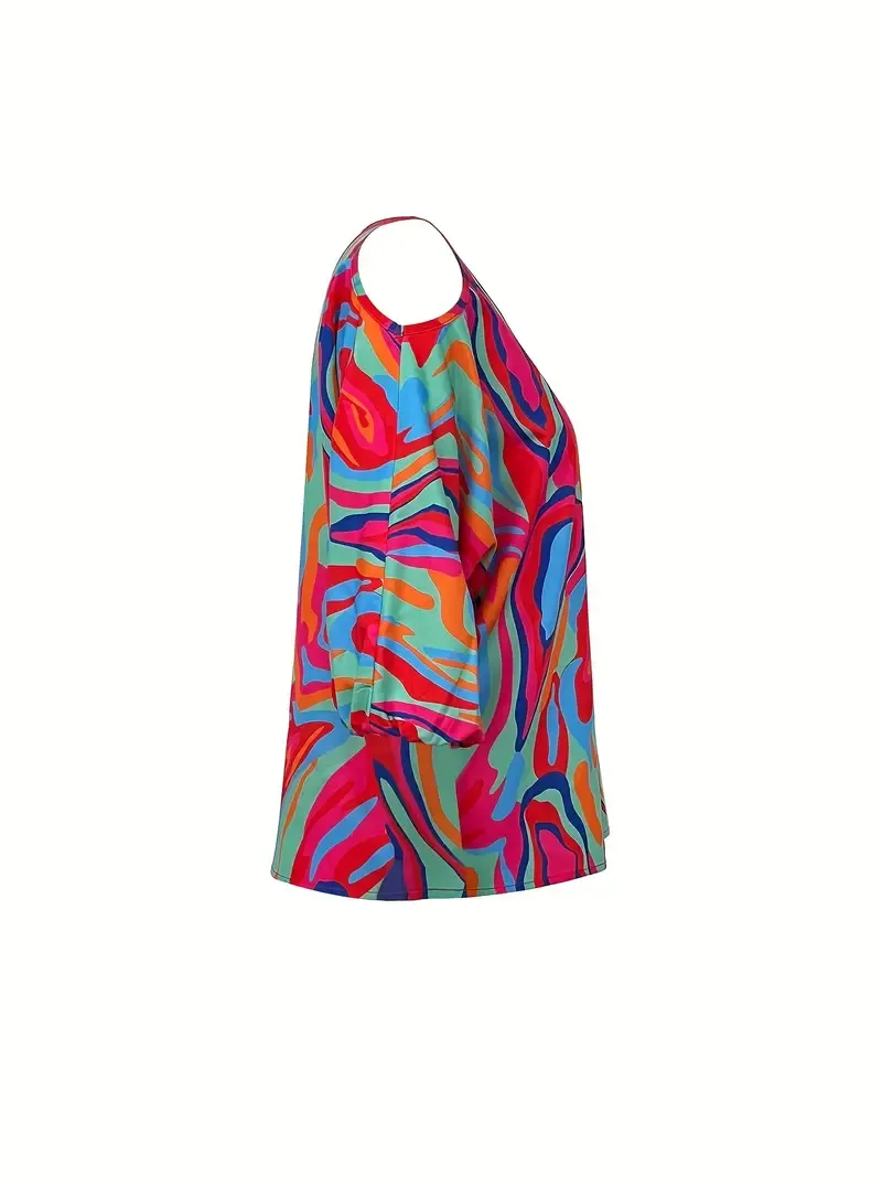 Abstract Print Half Zip Blouse, Casual Long Sleeve Blouse, Women's Clothing