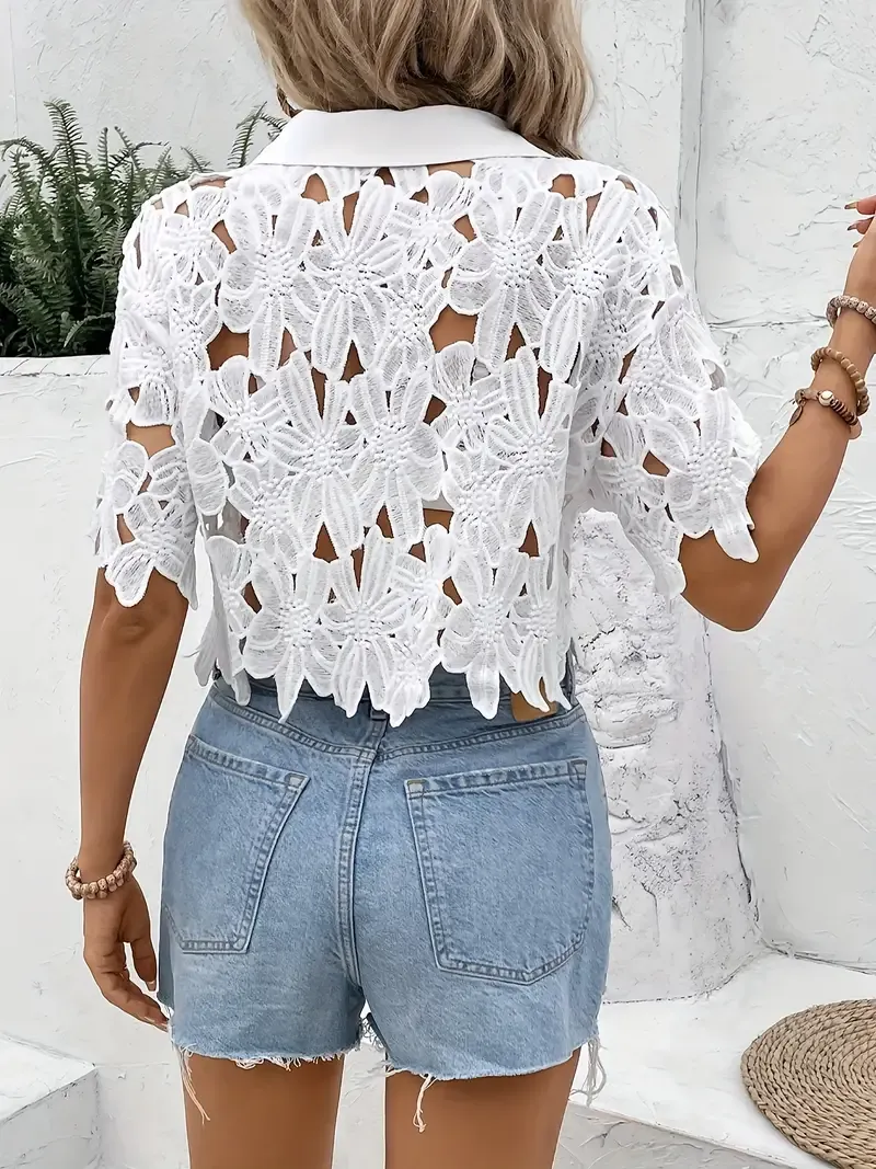 Casual Short Sleeve Crop Collared Guipure Lace Button Front Shirt for Spring & Summer, Women's Clothing
