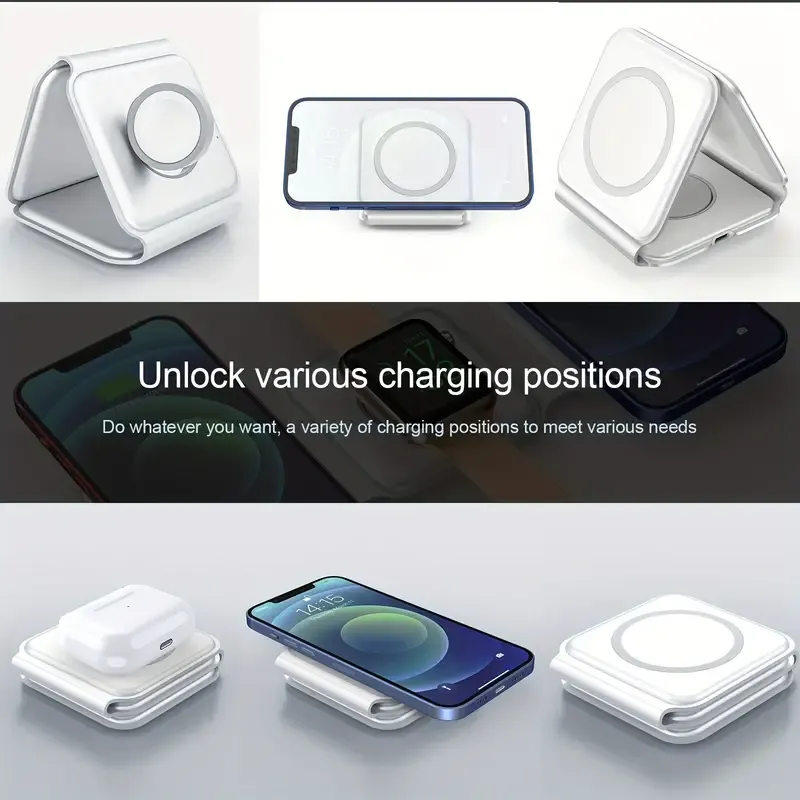 3 in 1 Wireless Charger for iPhone, Magnetic Foldable 3 in 1 Charging Station, Travel Charger for Multple Devices for iPhone 14.13.12 Series, AirPods 3.2.Pro, iWatch (Adapter Included)