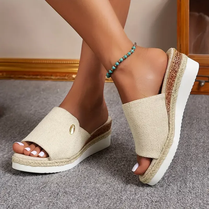 Women's Casual Wedge Sandals, Peep Toe Slip On Summer Platform Shoes, All-match Outdoor Vacation Slide Sandals