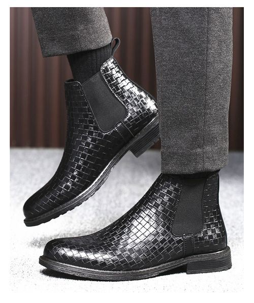 Men's woven texture Chelsea casual Martin boots, glossy high elasticity men's boots