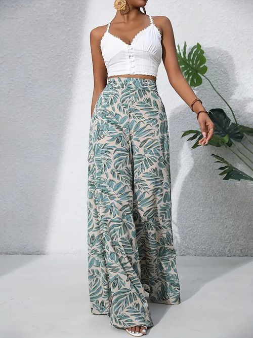 Printed casual high-waisted wide-leg trousers and long pants
