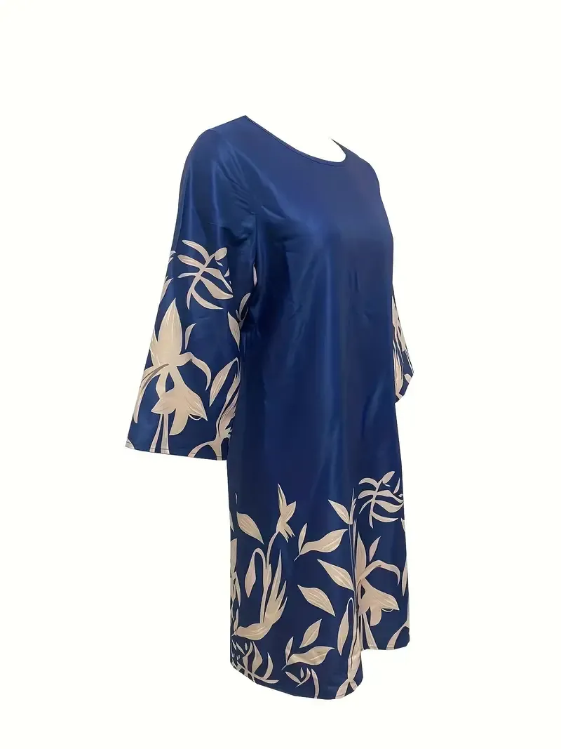 Half Sleeve Plant Print Casual Crew Neck Loose Dress for Spring & Summer, Women's Clothing