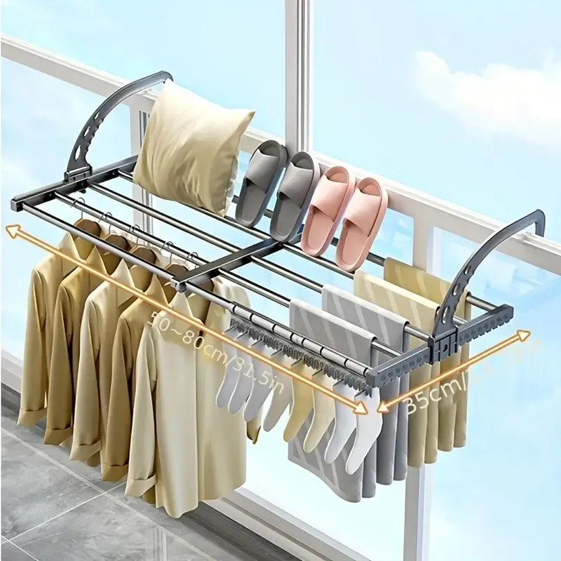 1pc Adjustable Over-the-Window Clothes Drying Rack, Plastic Balcony Hanging Laundry Organizer With Expandable Rods For Space Saving, Home Garment Airer For Indoor Outdoor Use