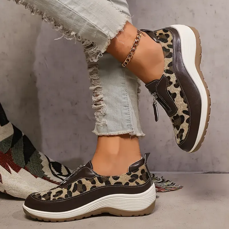 Women's Leopard Print Fashion Sneakers with Zipper Closure, Low Top Casual Athletic Shoes with Mesh Lining and PU Sole, Hand Washable - Quanzhou Manufactured