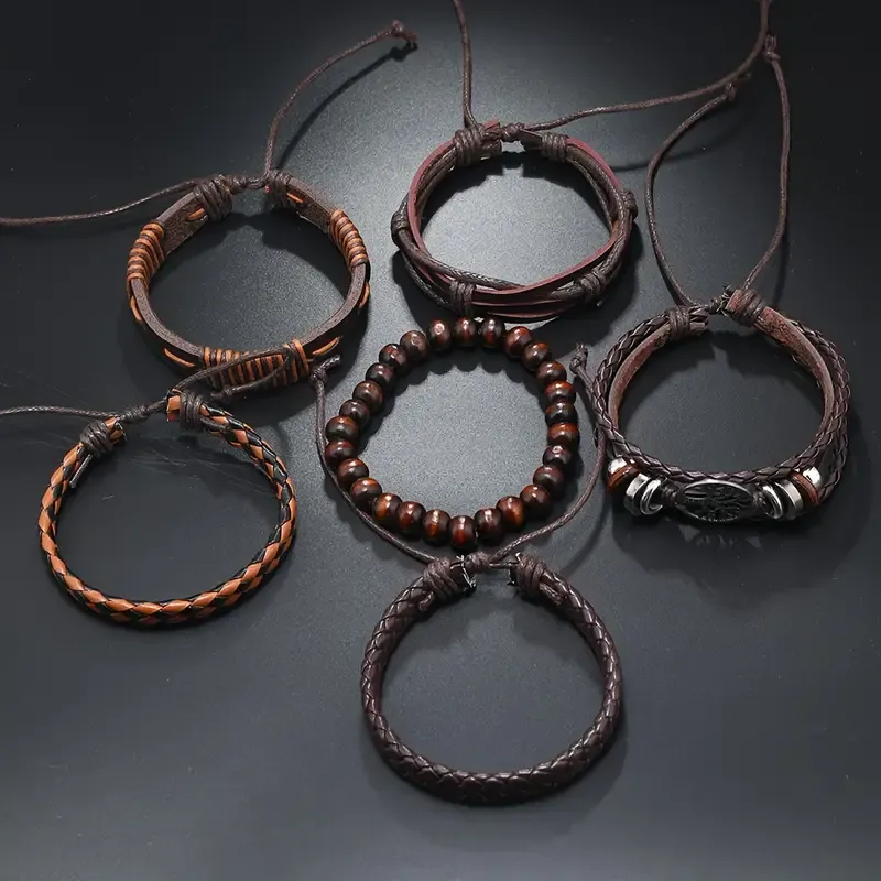 6pcs Woven Men's Multi-layer Faux Leather Bracelet, Coffee Color Retro Minimalist Life Tree Bracelet
