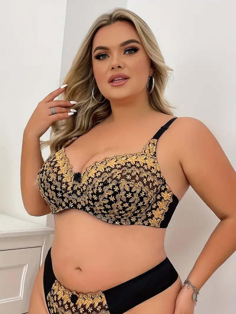 Women's Plus Sexy Bra, Plus Size Bow Decor Floral Embroidery Non Padded Underwire Bra