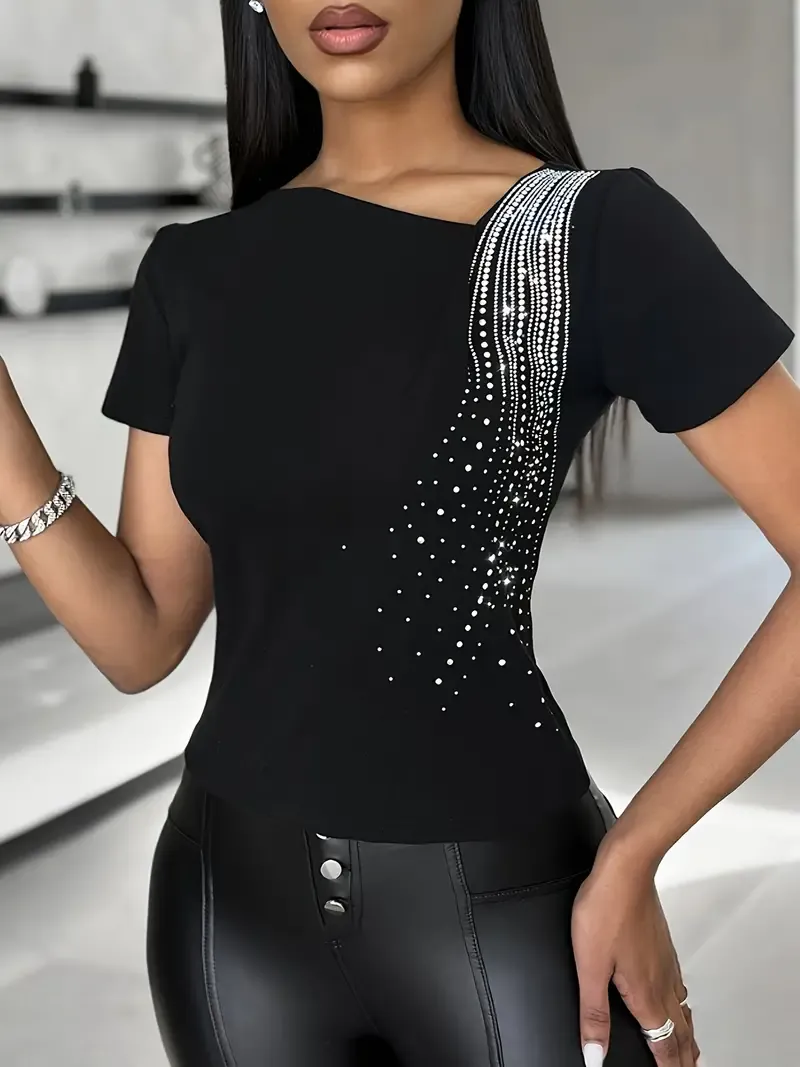Abstract Print Skew Neck T-Shirt, Casual Short Sleeve T-Shirt For Spring & Summer, Women's Clothing