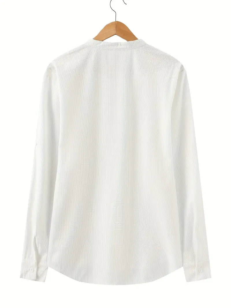 Men's Retro Casual Long Sleeve Stand Collar Shirt With Half Button, Spring Fall Outdoor