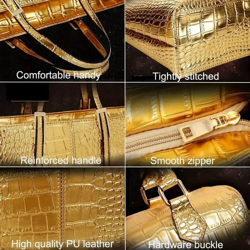 Golden Crocodile Print Tote Bag, Luxury Top Handle Satchel, Women's Fashion Handbag, Shoulder Bag, Crossbody Bag & Purse