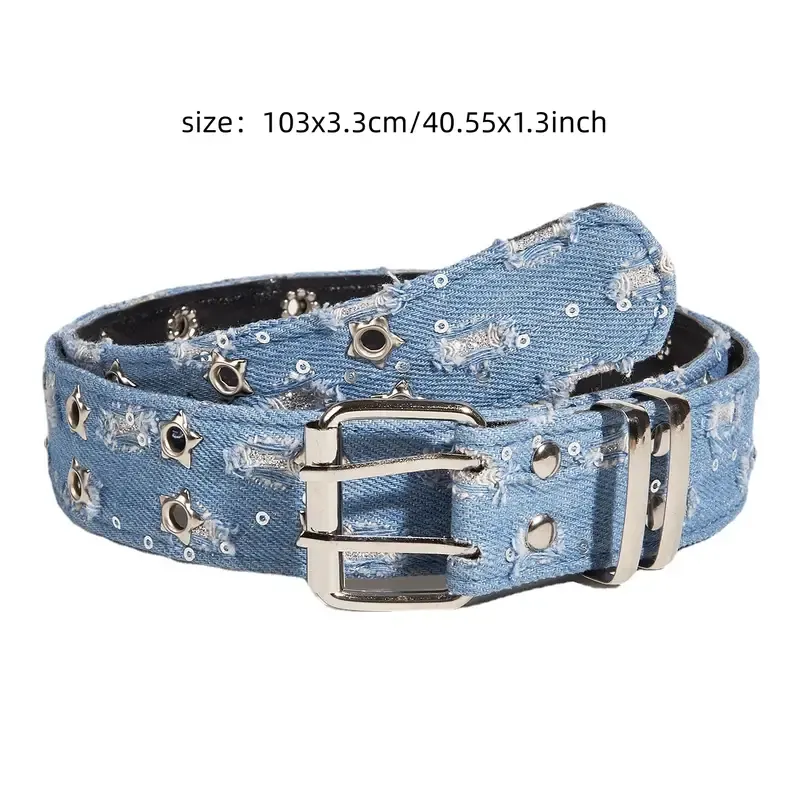 Punk Double Eyelet Denim Belts Trendy Blue Washed Distressed Waistband Hip Hop Jeans Pants Belt For Women & Men