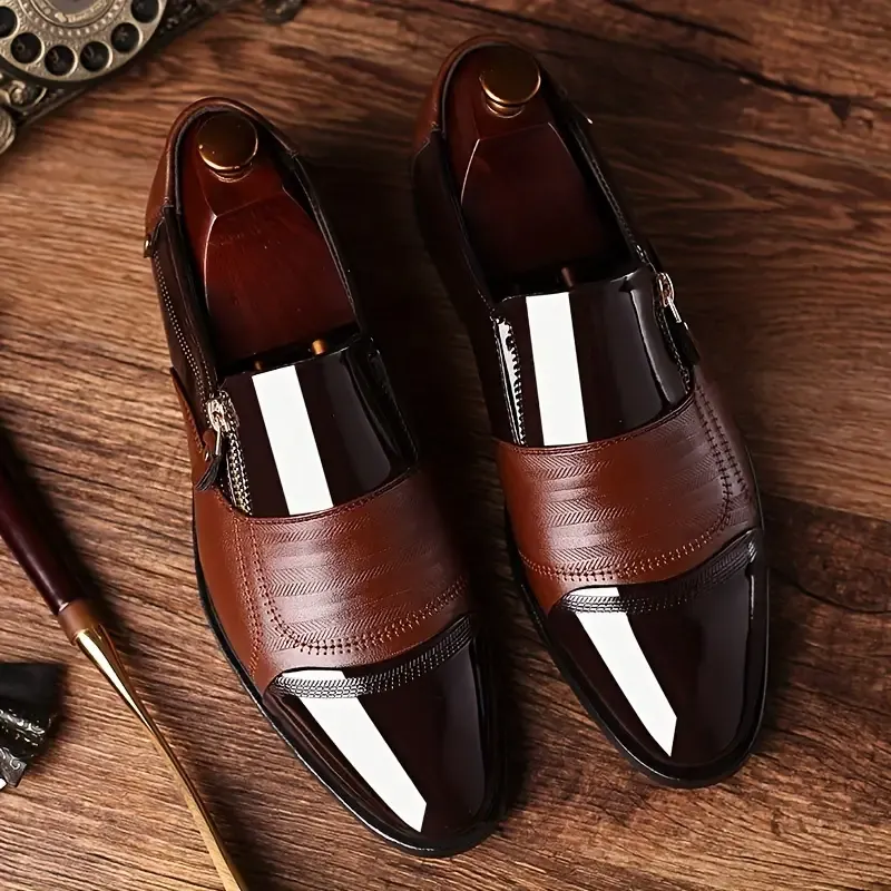 Men's Trendy Dress Shoes With Side Zipper Decor, Wear-resistant Slip On Shoes With PU Leather Uppers For Business Occasions, Men's Office Daily Footwear
