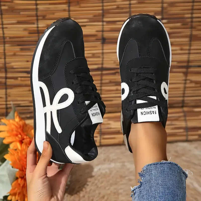 Women's Fashion Sneakers - Lightweight, All-Season Sneakers with Stable Support, Geometric Design, Faux Leather Upper & Breathable Fabric Lining