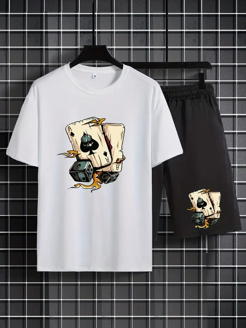 Men's Dice Spade A Two-piece Outfits, Comfy Casual T-shirt And Loose Shorts For Summer