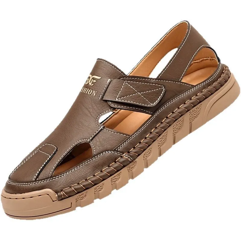 Summer Casual Men's Leather Shoes with Soft Soles Outdoor Wear with Perforated Design Versatile Fashionable Lightweight Sandals