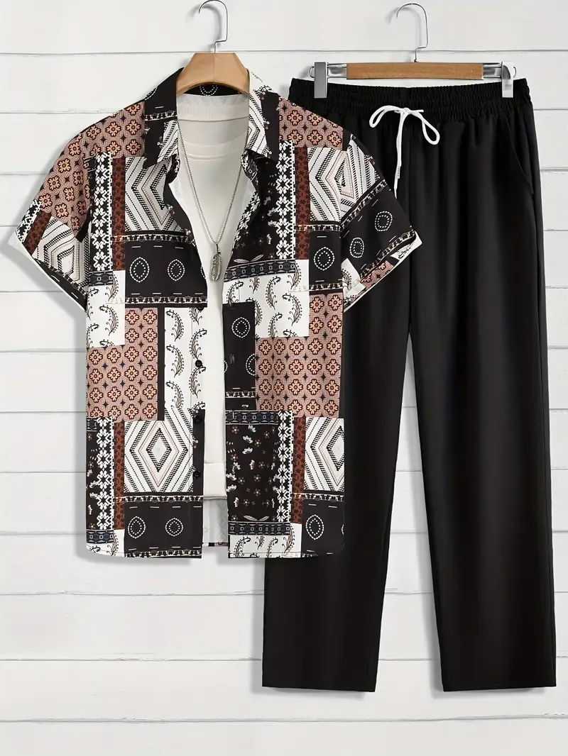 2-piece Men's Casual Summer Outfit Set, Geometric Pattern Print Short Sleeve Button Up Lapel Shirt Top & Solid Drawstring Pants With Pockets