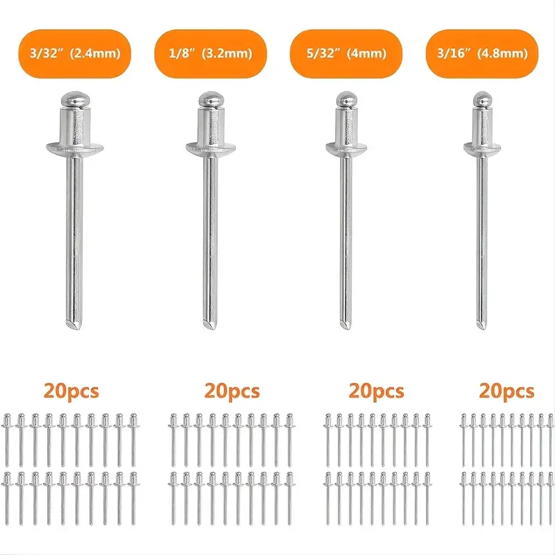 Rivet Gun With 80Pcs Rivets, Manual Rivet Gun Kit With 4 Changeable Rivet Heads, Heavy Duty Single Hand Riveter For Plastic, Metal, Leather