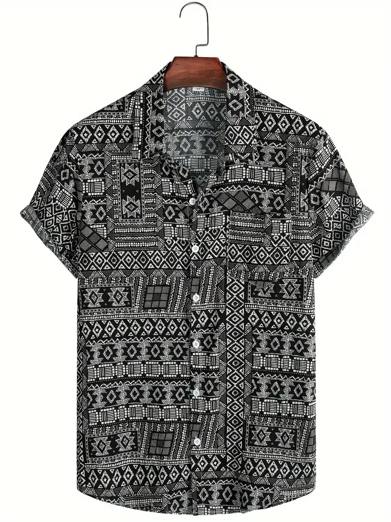 Ethnic Style Hawaiian Shirt, Men's Casual Allover Print Chest Pocket Button Up Short Sleeve Shirt For Summer Beach Vacation Resort