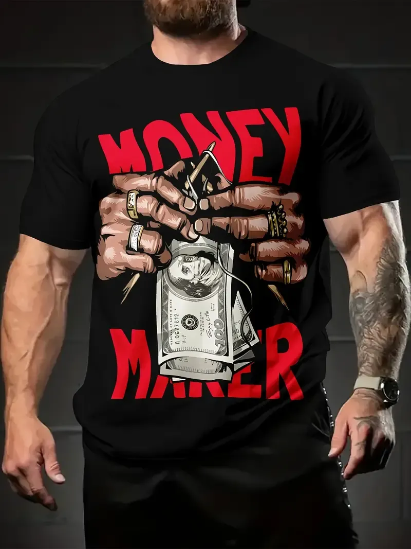 Make Money" Graphic Men's T-Shirt - Casual & Comfortable Summer Tee, Breathable Polyester, Machine Washable