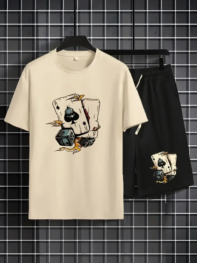 Poker Graphic Print Men's Two Piece Set, Short Sleeve T-shirt & Drawstring Shorts For Summer, Casual Comfy Versatile Outfits For Outdoor Sports Daily Wear