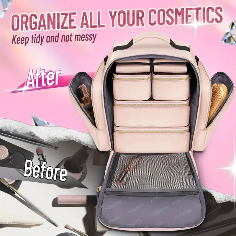 Large Travel Makeup Bag with 4 Removable Compartments & Jewelry Pouch, Pink, Elegant Polyester Travel Organizer for Women's Cosmetics, Hair Tools, and Accessories