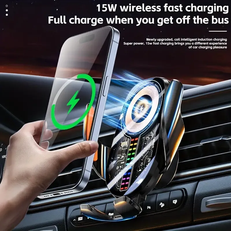 Upgraded Smart Wireless Car Charger Stand with Touch Sensor, 15W Fast Charging, USB Charging, ABS Material, Rechargeable Lithium Polymer Battery, Built-in Battery, Music Ambient Light