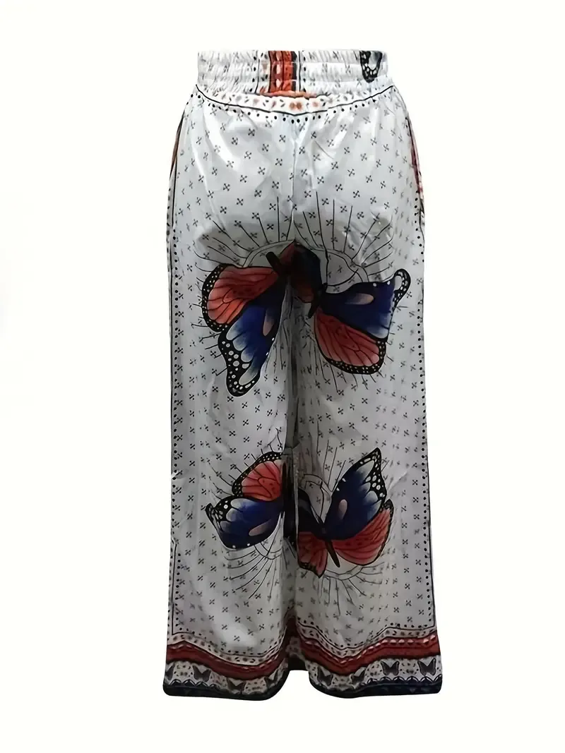 Sexy Butterfly Print Two-piece Set, Backless Crop Halter Top & Wide Leg Pants Outfits, Women's Clothing