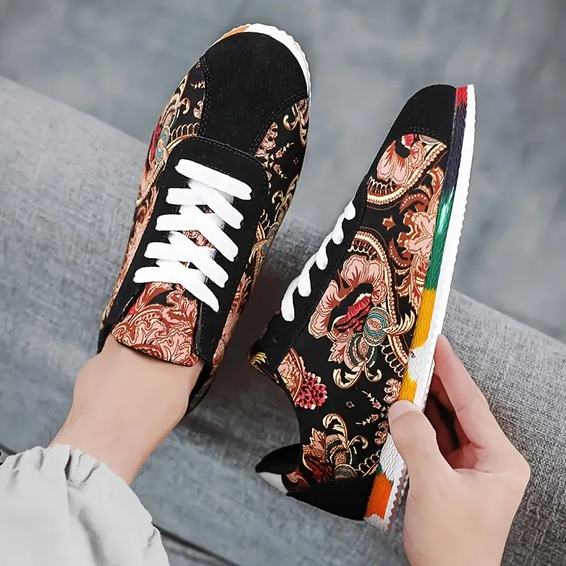 Flowers Pattern Trendy Low Top Jogging Shoes, Men's Comfy Lace Up Sneakers For Outdoor Walking Workout Traveling