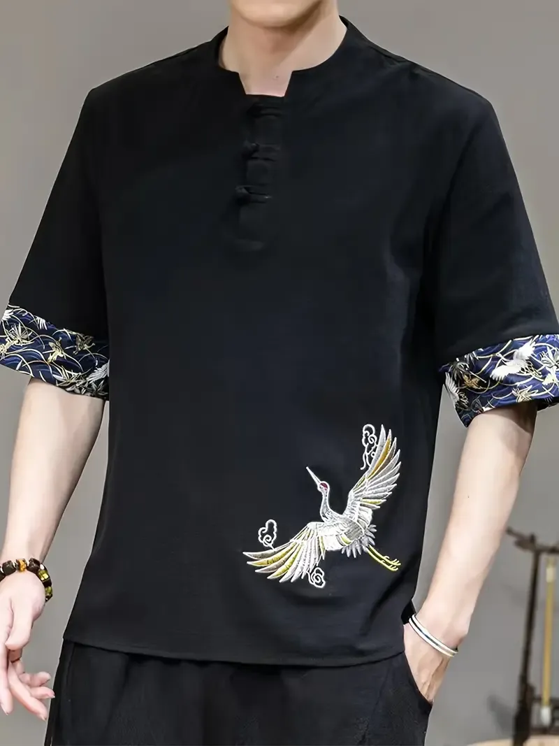 Men's Chinese Style Crane Embroidery Pure Cotton Stand Collar Short Sleeve And Frog Buttoned Henley Neck Tang Suit Shirt, Lightweight And Breathable Leisure Tops For Summer Daily And Outdoors Wear