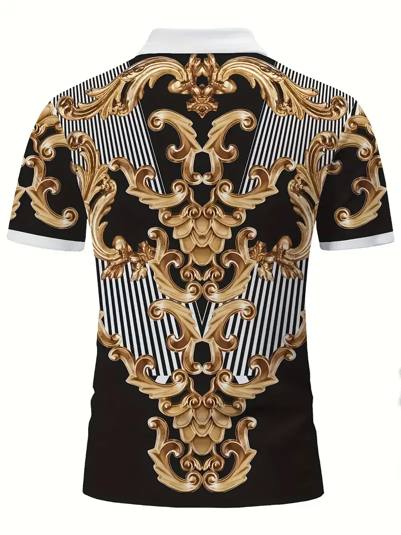 Men's Retro Baroque Print Golf T-Shirt, Short Sleeve Tee For Summer, Casual Trendy Top For Males, Vacation And Leisure Wear