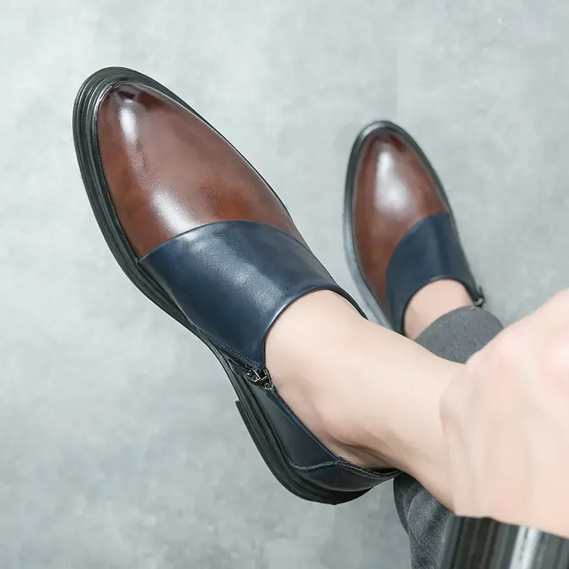 Men's Block Color PU Leather Loafers, Wear-resistant Anti-skid Dress Shoes With Side Zippers For Business Office