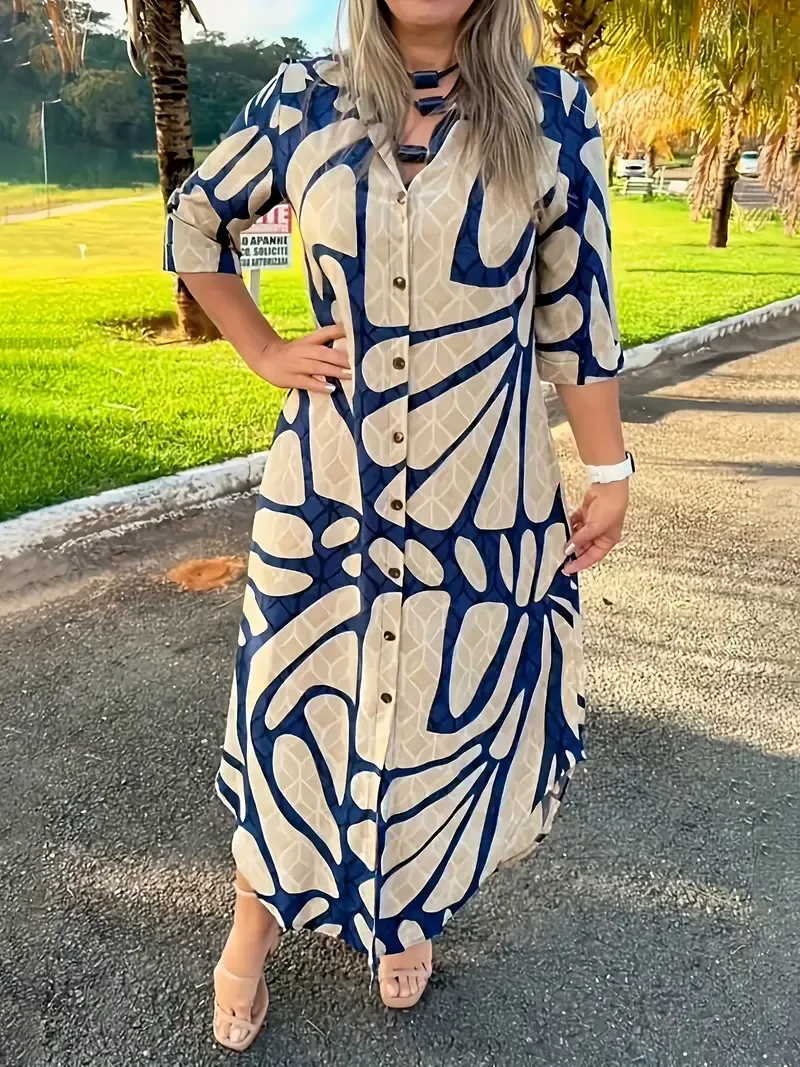 Vibrant Allover Print Long Sleeve Shirt Dress - Elegant