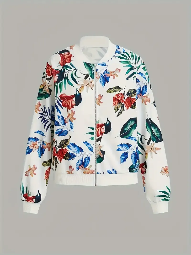Floral Print Zip Up Jacket, Casual Long Sleeve Jacket For Fall & Winter, Women's Clothing