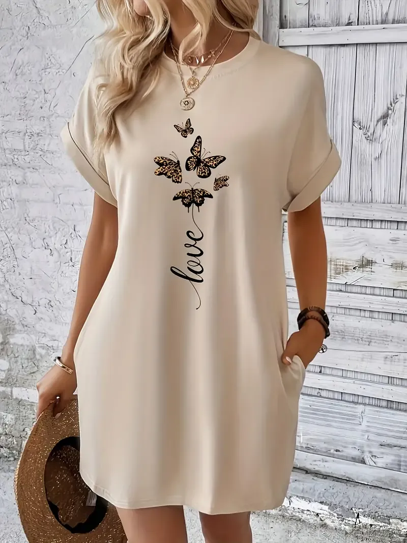 Butterfly & Letter Print With Pocket Dress, Casual Crew Neck Short Sleeve Dress For Spring & Summer, Women's Clothing